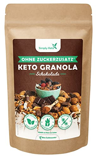 Simply Keto Knusper Granola Schoko - Lower Carb* Müsli-Alternative ohne Zuckerzusatz - 500g Leckeres Keto Granola für ein perfektes Frühstück - Paleo & Vegan - Soja, Laktose- & Glutenfrei - 500g