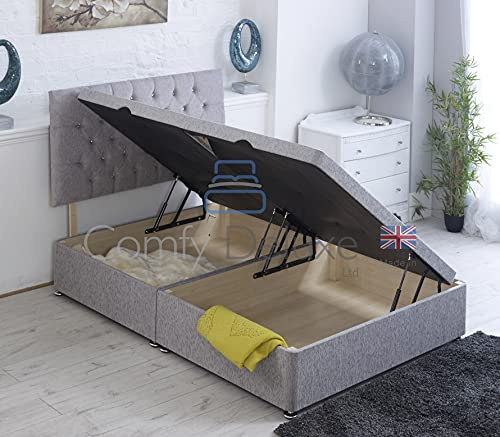 Comfy Deluxe LTD Ottoman Storage Divan Bed Side Lift Open In Chenille Fabric With Memory Foam Mattress With Chesterfield Headboard | Gas Lift Open Ottoman Bed (Silver, 2FT6 Small Single)