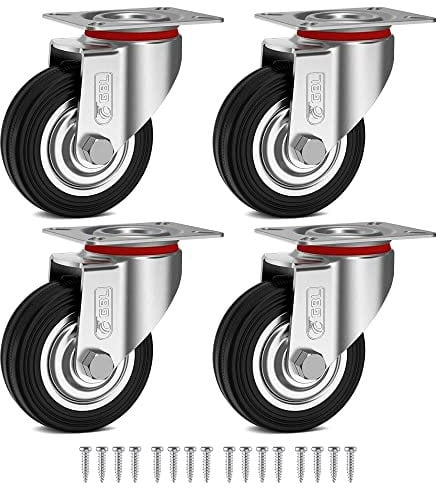 GBL Heavy Duty Ruedas + Tornillos - 75mm hasta 200kg - Paquete de 4 Ruedas silenciosas sin marcas en el suelo para muebles - Ruedas recubiertas de goma para carros - Ruedas plateadas