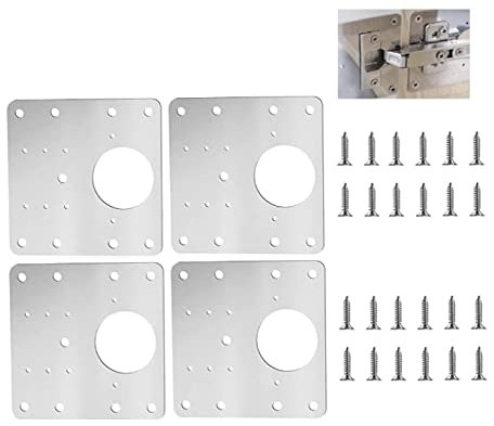 JGR SELECT Placa de Reparación Bisagras - 4 Unidades Juego de Reparación Bisagras - Kit Reparación Bisagra Acero Inoxidable, 24 Tornillos Incluidos - Para Muebles de Madera, Estantes, Armarios, Cocina