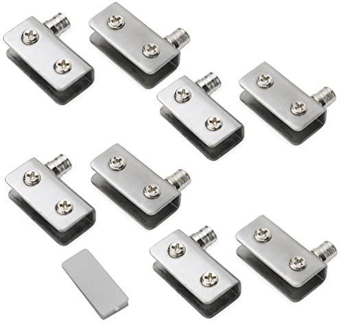 Paquete de 8 bisagras de puerta de vidrio pivotante de 90°, sin perforar, tope de puerta de vidrio, acero inoxidable 304 (Silver)