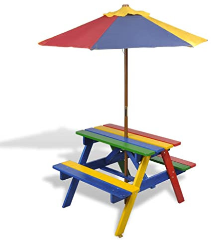 Kinder Sitzgruppe mit Bänken und Sonnenschirm, Klein Picknick Sitzgruppe aus Holz Tisch Bank Kiefernholz massiv Bierbank stabil und robust, Gartentisch Sitzgruppe Holztisch Gartenmöbel