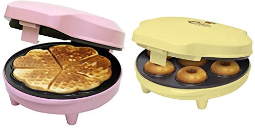 Bestron Waffeleisen für klassische Herzwaffeln & Donut Maker im Retro Design, 700 Watt, Farbe: Rosa & Gelb