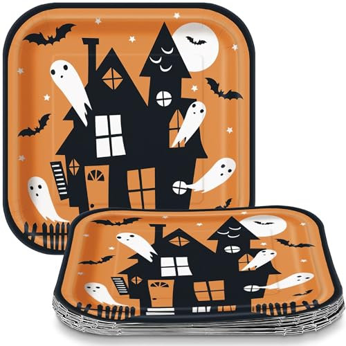 Unique 23395 Square Paper Plates-23 cm-Happy Haunting Halloween Party-8 Count (Pack of 1), Multicolour