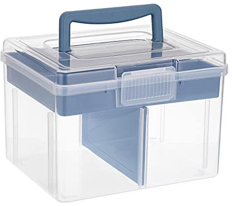 IGNPION Clear Craft Stackable Storage Box with Storage Tray Plastic 6-compartment Mulit Purpose Storage Container for Storing&Organising Toys, Arts Crafts, Stationery, Sewing, Fishing Tackle, Blue