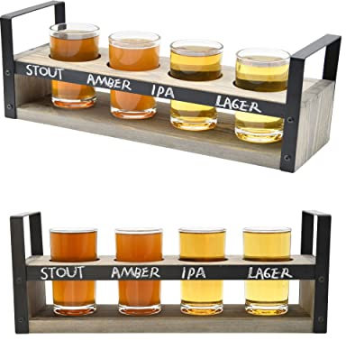 OwlGift Beer Flight Glasses and Board Set Included Vintage Gray Serving Tray with Black Metal Handles and Chalkboard Panel and 4 Tasting Beer Glasses, Set of 2