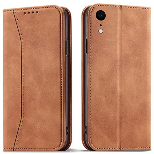 OKZone Kompatibel mit iPhone XR (6,1 Zoll) Hülle, Magnet Leder Tasche Handyhülle, Kartenfächer iPhone XR Schutzhülle, [Premium PU Leder] Flip Klappbare Stoßfeste Magnetische Standfunktion (Khaki)