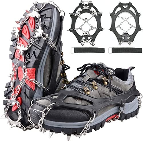 Piscorush 24 Spikes crampons Ice Cleats Traction Snow Grips Boot Chains Women Men Kids for Hiking Shoes and Boots Steel Anti Slip Hiking Fishing Walking Mountaineering (Black, Large)