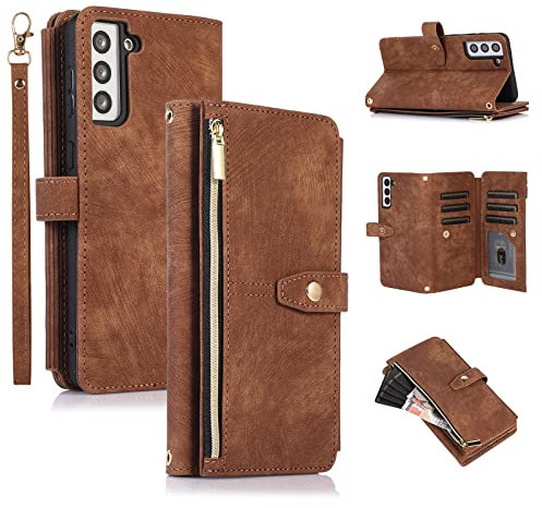 UEEBAI Hülle für Samsung Galaxy A54 5G, 9 Kartenfäche Retro Leder Geldbörs Flip Case mit Umhängegurt Handschlaufe Standfunktion Reißverschluss Handyhülle Magnetverschluss Wallet Stoßfest – Retro Braun