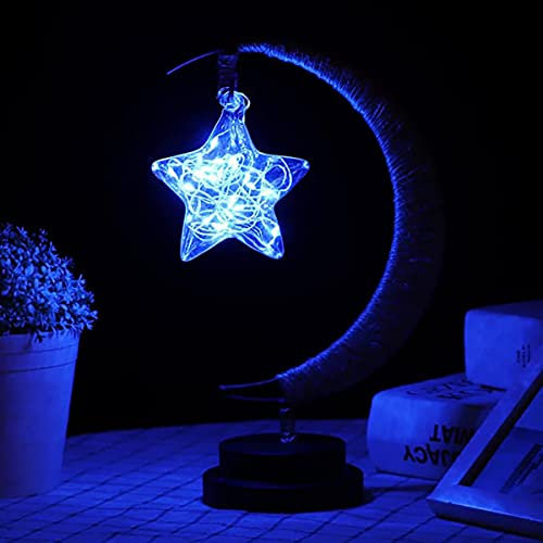 HFHungkeong LED Styling Lampe Eisen Nachtlicht 3D-magische Mondlampe LED Ramadan Lampe Stern und Mond Nachtlicht dekorative Lampe LED-Tischlampe Heimdekorationslampe (Pentagramm blau)