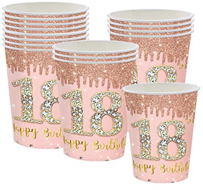 16Pcs Rose Gold Paper Cups for 18th Birthday Party - Disposable Tableware Decorations and Supplies for Her