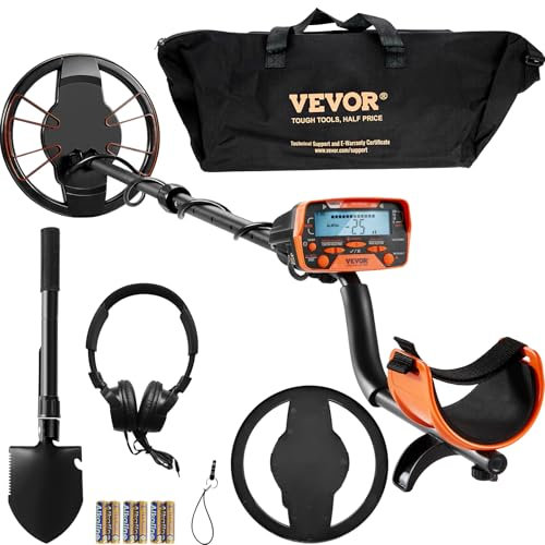 VEVOR Metalldetektor Kit für Erwachsene Multifunktionaler Profi-Detektor mit 7 Modi Metallsuchgerät wasserdichte 25,4cm Spule für Größere Tiefe, mit Schaufel und Tragetasche, Schwarz & Orange
