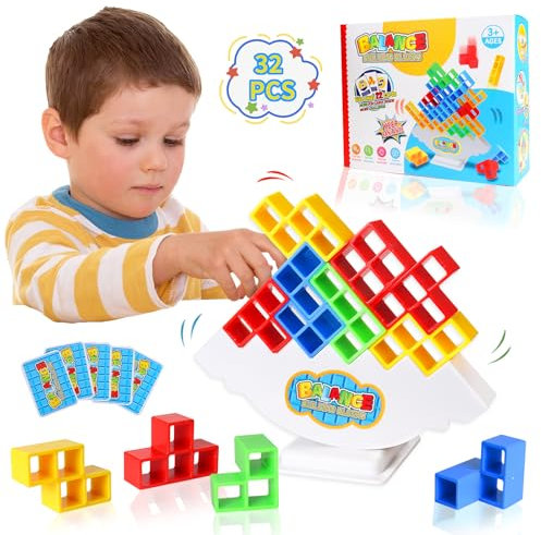 Tetra Tower Spiel, Balance Spielzeug Tower Game, 32PCS Tetris Spiel, Stapelspiel Spielzeug, Schaukelstapel Hoch Kinder Balance Spielzeug, Lustige Stapelspiel Puzzlespiele Geschenke für Jungen Mädchen