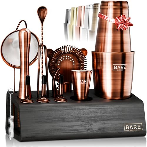 BARE BARREL® Cocktail Making Kit | 14-Piece Bartender Kit Cocktail Shaker Set Maker | Bamboo Display Stand & 35 Recipe Cards | Mixology Cocktail Gift Set (800ml/28oz Boston Shaker, Copper/Black)