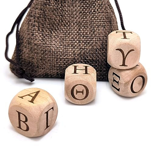 Set di 4 dadi da 20 mm in legno con lettere dell'alfabeto greco in legno, set di dadi per l'insegnamento e la visualizzazione