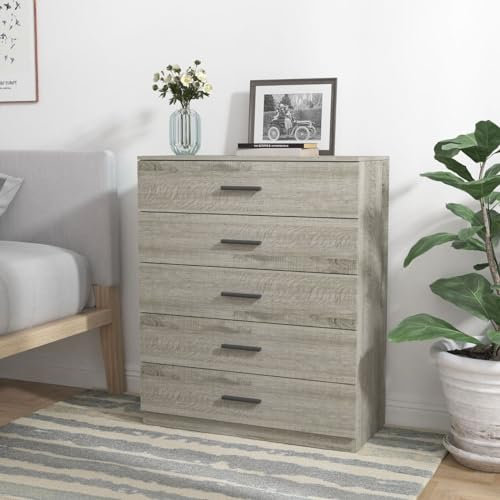 URBNLIVING 5 Drawer Wooden Bedroom Chest Cabinet Modern Wide Storage Cupboard Closet (Ash Grey Carcass +Ash Grey Drawers, 5)