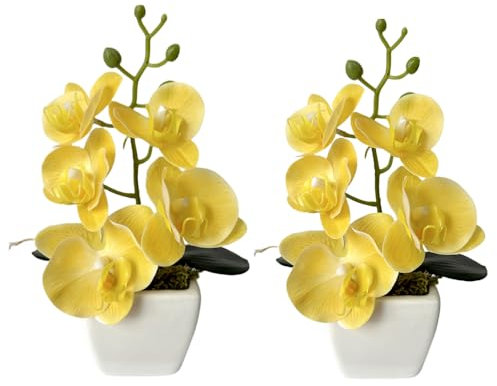 XIZHI Lot de 2 orchidées artificielles avec vase, 25,4 cm, bonsaï, fleurs papillon en soie avec pot pour mariage, bureau, décoration d'intérieur, centres de table (jaune)