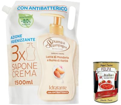 3 X Spuma di Sciampagna Sapone Liquido Ecoricarica Karité Burro Mandorle Benessere Idratante Liquid Soap - 1500 ml + Italian Gourmet Polpa 400 g