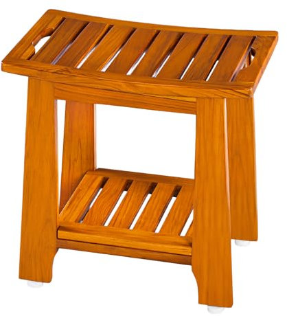 NNN Tabouret de douche compact en teck de 35,6 cm avec étagère et poignée – Imperméable et antidérapant pour petites salles de bains/utilisation en extérieur, capacité de 136 kg (breveté)