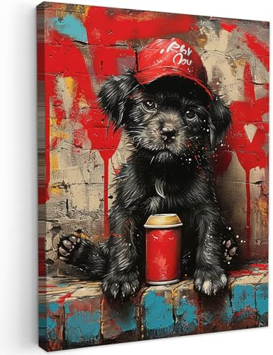 MuchoWow© Impression sur Toile Photo Peinture 30x40 cm Tableau Decoration Murale Chambre Salon Maison Deco Cuisine Graffiti - Chien - animal de compagnie - chiot - Banksy