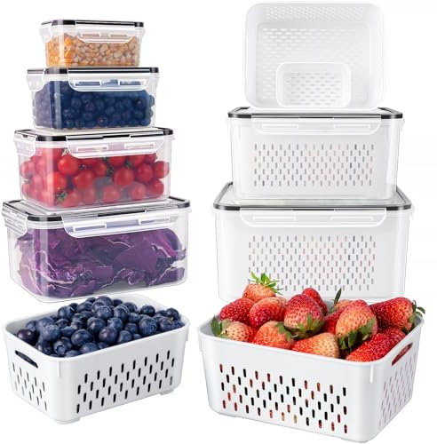 Freshmage 6 PCS Food-Storage-Container Sets, Large Fruit Containers for Fridge - Leakproof Produce Storage with Removable Colander - Dishwasher & Microwave Safe