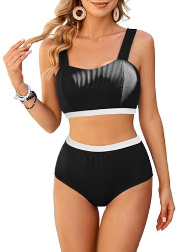 JASAMBAC Sport Bikini Damen, Badeanzug Damen Bauchweg, Bikini Push Up -Oberteil Und High Waist Bikini-Unterteile Badebekleidung Weiche Bademode Elastische Schwimmanzug Gerippt Bescheiden Bademode