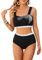 JASAMBAC Sport Bikini Damen， Badeanzug Damen Bauchweg, Bikini Push Up -Oberteil Und High Waist Bikini-Unterteile Badebekleidung Weiche Bademode Elastische Schwimmanzug Gerippt Bescheiden Bademode