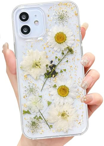 Abbery für iPhone 12/iPhone 12 Pro Hülle Blumen Muster Durchsichtig Mit Getrocknete Blumen Motiv Glitzer Silikon Frauen Mädchen Stoßfeste Anti-Kratzer Handyhülle Cover (Weiß)