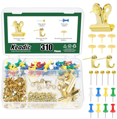 Keadic 310Pcs 5 Style Stecknadel Sortiment Set mit Aufbewahrungsbox, Korkbrett Daumennägel dekorative Bulletin Board Pushpins Bild hängende Pin für Home Office Schule Wand (Gold)