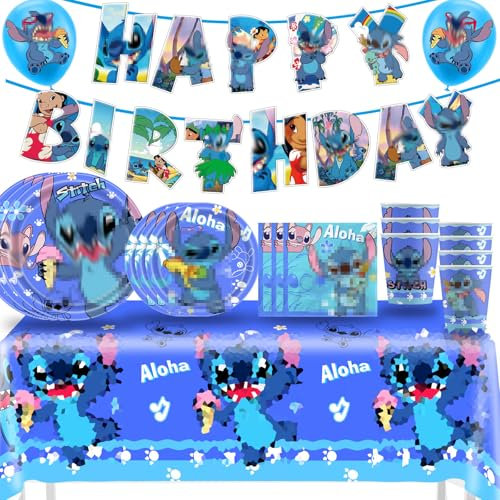 Deluisho Stitch Vaisselle Anniversaire, Vaisselle de Fête d'anniversaire pour Enfants, Stitch Anniversaire Vaisselle Kit Comprend les Gobelets, les Assiettes, les Nappes, les Serviettes, etc.