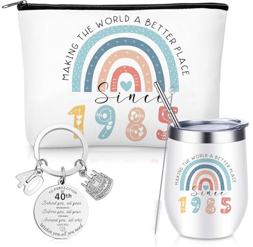 Sinmoe 3 Pack 40th Birthday Gifts for Women Happy 40th Birthday Hamper for Her Personalised Wine Tumbler Gift Set Rainbow Makeup Bag Key Ring 40 Years Old Presents for Women