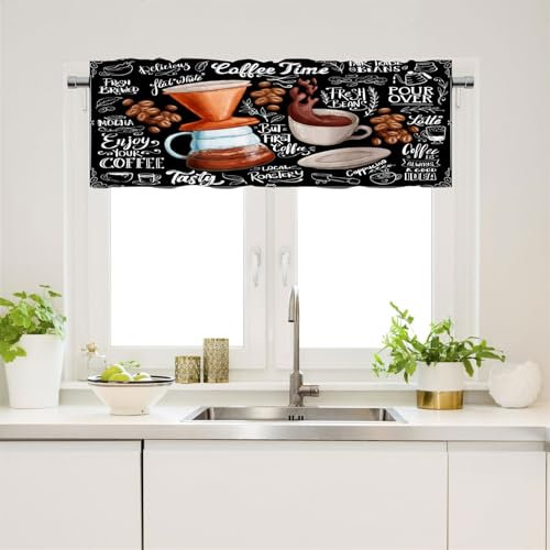 Surwin Bistrogardine Coffee Break Scheibengardine Küchengardine mit Kaffee Motiven, Halbtransparente Kurzgardine Wohnzimmer Landhaus Càfe Gardinen Kurz Vorhang (Café,W145xL56cm)