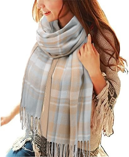 Tuopuda Damen Schal Kariert Pashmina XXL Stolen übergroßer Herbstschal Winterschal Karo Tartan Schultertuch Plaid Deckenschal Modeschal Weicher Warmer Oversized Fransen, Khaki + Blau, Einheitsgröße