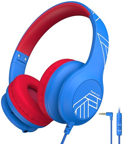 PowerLocus Auriculares para Niños, Cascos para Niños con Límite de Volumen Seguro de 85/94dB, Auriculares Infantiles con Cable, Micrófono Integrado, Plegable para iPad/Tabletas/Viajes (Azul/Rojo)