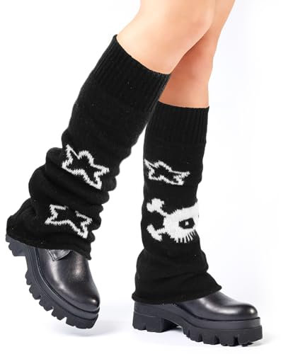 Abeillo Winter Stulpen Damen, Winter Leg Warmers, Beinwärmer mit Gothic Totenkopf und Stern, Y2K Wadenwärmer, Beidseitig Tragbar, Beinwärmer, Kawaii Beinstulpen, Herbst, Winter Beinstulpen