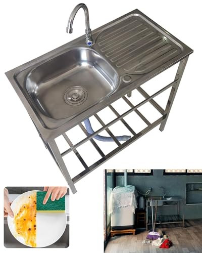 Edelstahl-Einzelbecken-Küchenspüle Mit Wasserhahn Tragbare Gartenspüle For Den Außenbereich Restaurantspüle Mit Werkbank Garage 1-Becken-Spüle Freistehender Waschtisch Mehrzweckspüle Mit Zubehör(75X40