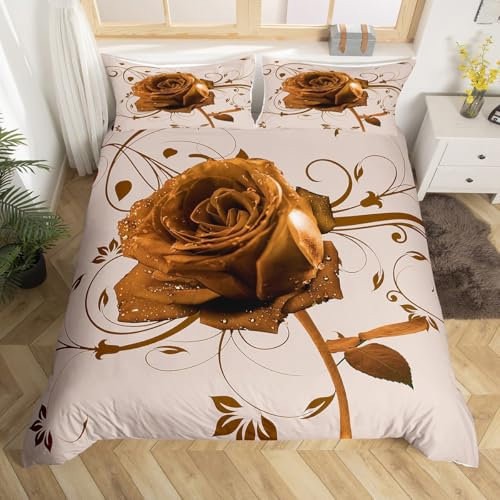 Rose Flowers Duvet Cover King Size,Gold Flowers Art Comforter Cover with 2 Pillowcase for Teens,Kids Retro Artwork Bedding Set,Abstract Flowers Breathable 3 Pcs Decorative Bed Cover(No Comforter)