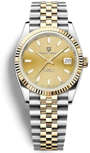 Pagani Design 1645 Herren-Automatikuhren, NH35-Uhrwerk, Edelstahlband, 100 m wasserdicht, selbstaufziehend, Armbanduhr, Goldfarbener rechteckiger Zeiger, Armband