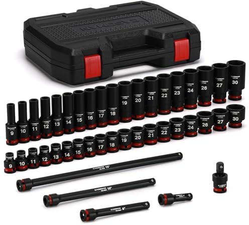 CASOMAN 43-Piece 1/2 Drive Master Impact Socket Set, Deep and Standard, 6-Point, Metric, 9mm - 30mm, CR-MO Steel, Impact Universal Joint & Extension Bars, with Storage Case