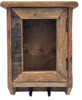 Woodkings Schlüsselkasten Sumatra | Schlüsselhaken 25x35x10cm aus Altholz | ideal für Flur Büro Deko | Rustikales Design mit Glastür und Haken