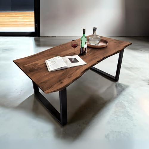 Bett11 Esstisch 160x85 cm nussbaumfarben, Akazienholz massiv 26mm, U-Gestell schwarz, Baumkantentisch aus Holz, Casa Massiva