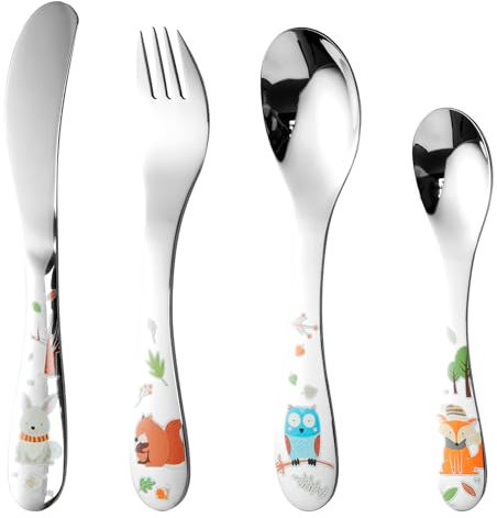 4-teiliges Kinderbesteck, Kinder Besteck aus Edelstahl mit Cartoon-Motiv für Baby & Kinder, 1 Gabel, 2 Löffel, 1 Messer