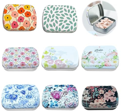 IUSOT 8PCS Small Tin Box with Lid Rectangular Iron Storage Container for Candy, Coin, Tiny Bead, Earplugs, Nail Jewelry Findings - Travel