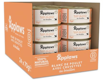 Applaws Våtfoder 100% naturlig för vuxna katter, kycklingbröst med räkor i buljong, 24 × 70 g burkar