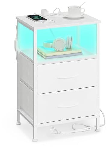 SONGMICS Table de Chevet, avec Multiprise, Éclairage LED Réglable | Table de Nuit, 1 Étagère Ouverte et 2 Tiroirs, Style Moderne, Blanc nuage et Blanc neige, Collection BELLAH LGS302WH03