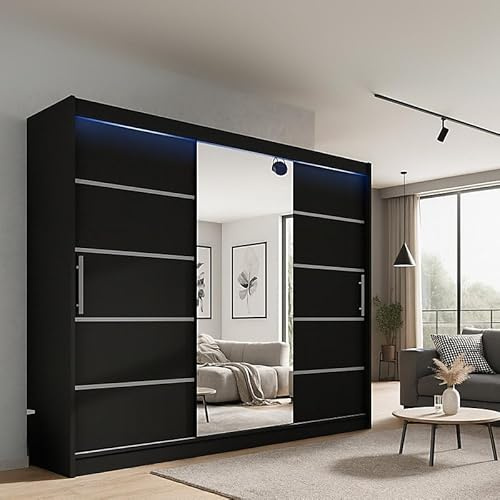 Agritrade AK Sliding Door Wardrobe with Mirror - Modern Bedroom Storage, Hanging Rails & Shelves, Durable Laminated Board, Smooth Sliding System - ASTON VI