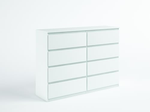Masseno Kommode NUDO 138,5 cm Sideboard mit 8 Schubladen und Türen für Wohnzimmer Schlafzimmer Modern 138,5x39x101,5 cm Weiß/Weiß
