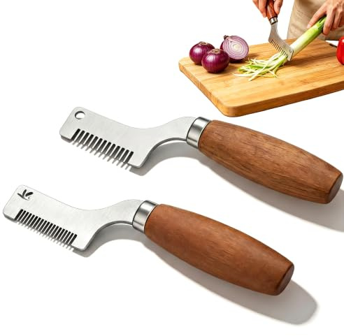 2 PCS Wooden Handle Scallion Shredder Kitchen Green Onion Cutter Tool | Vegetable shredding knife wooden scallion cutter for precise slicing, shredding knife kitchen tool for green onion prep