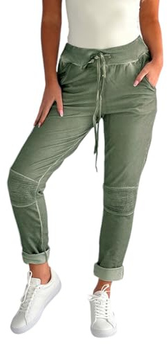 Mississhop 223 Damen Hose Freizeithose Stoffhose Boyfriend Sweatpants im Biker Look mit Bahnendesign am Knie Tunnelzug One Size S M L 36 38 40 Oliv