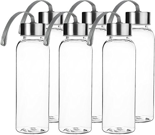 My-goodbuy24 Trinkflasche - 400ml - 6-teiliges Set aus Kunststoff Wasserflasche mit Edelstahldeckel und Trageschlaufe - Ideal für Getränke wie Smoothies, Wasser, Säfte, Tee, Milch usw. H: 19,4cm